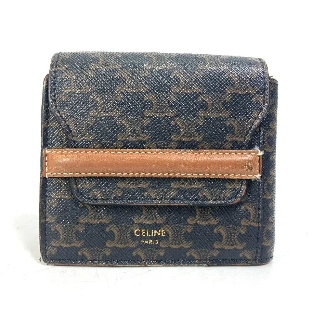 CELINE Card Case triomphe wallet with flap Folded wallet Leather Brown